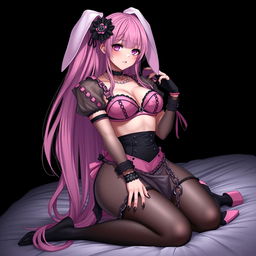 A realistic sexy submissive gothic anime bunny girl, characterized by her shy and flustered demeanor, with a gentle blush on her cheeks