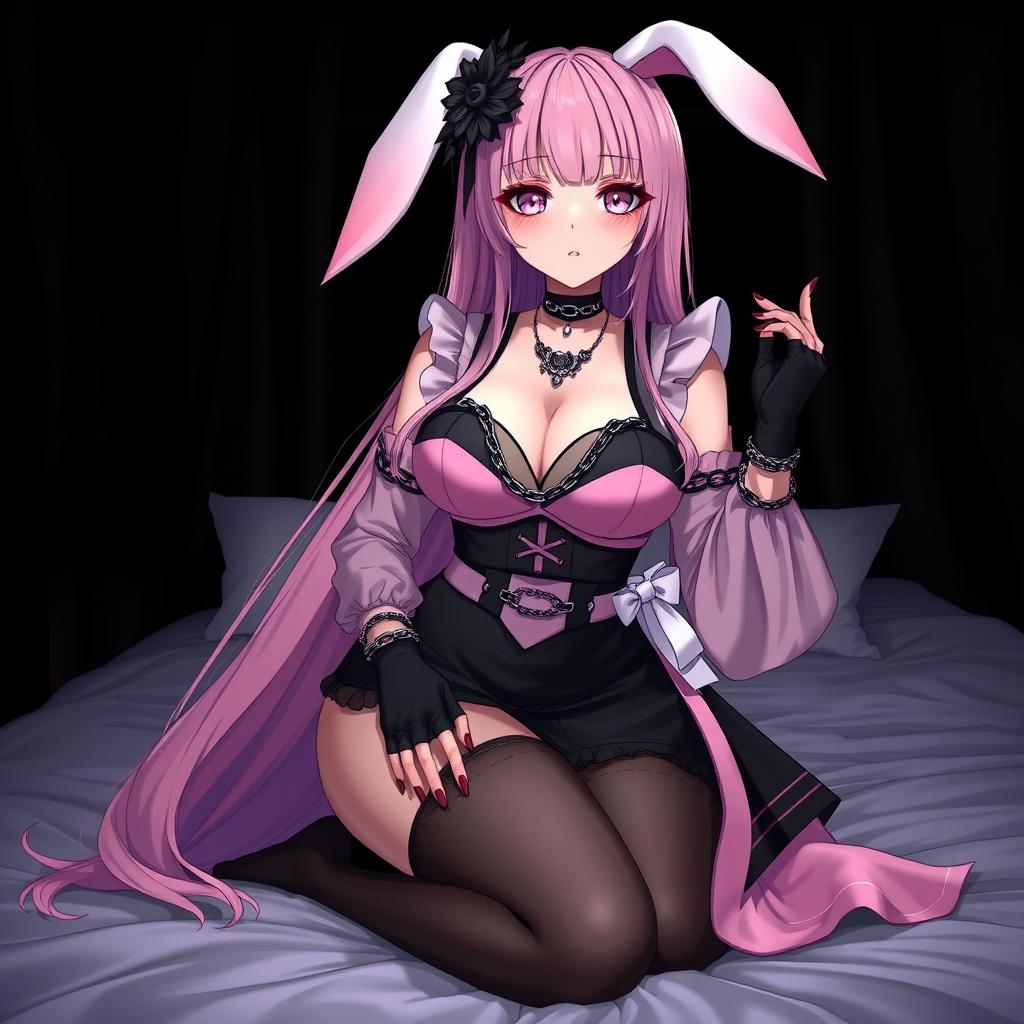 A realistic sexy submissive gothic anime bunny girl, characterized by her shy and flustered demeanor, with a gentle blush on her cheeks