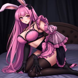 A realistic sexy submissive gothic anime bunny girl, characterized by her shy and flustered demeanor, with a gentle blush on her cheeks