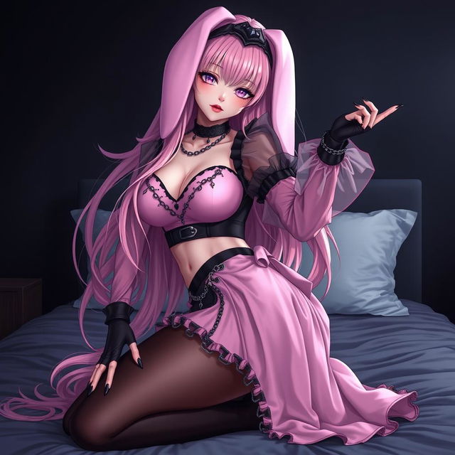 A realistic sexy submissive gothic anime bunny girl, characterized by her shy and flustered demeanor, with a gentle blush on her cheeks