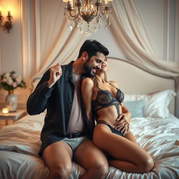 A sensual and intimate scene of an adult couple in a luxurious bedroom setting