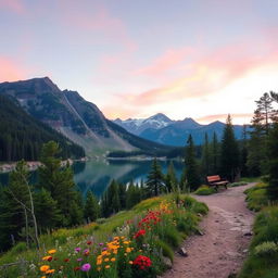 A serene mountain landscape during sunrise, with soft pink and orange hues lighting up the sky