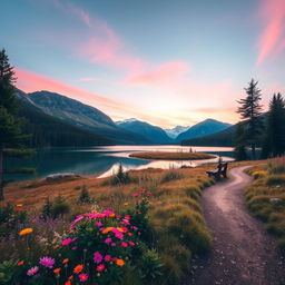 A serene mountain landscape during sunrise, with soft pink and orange hues lighting up the sky