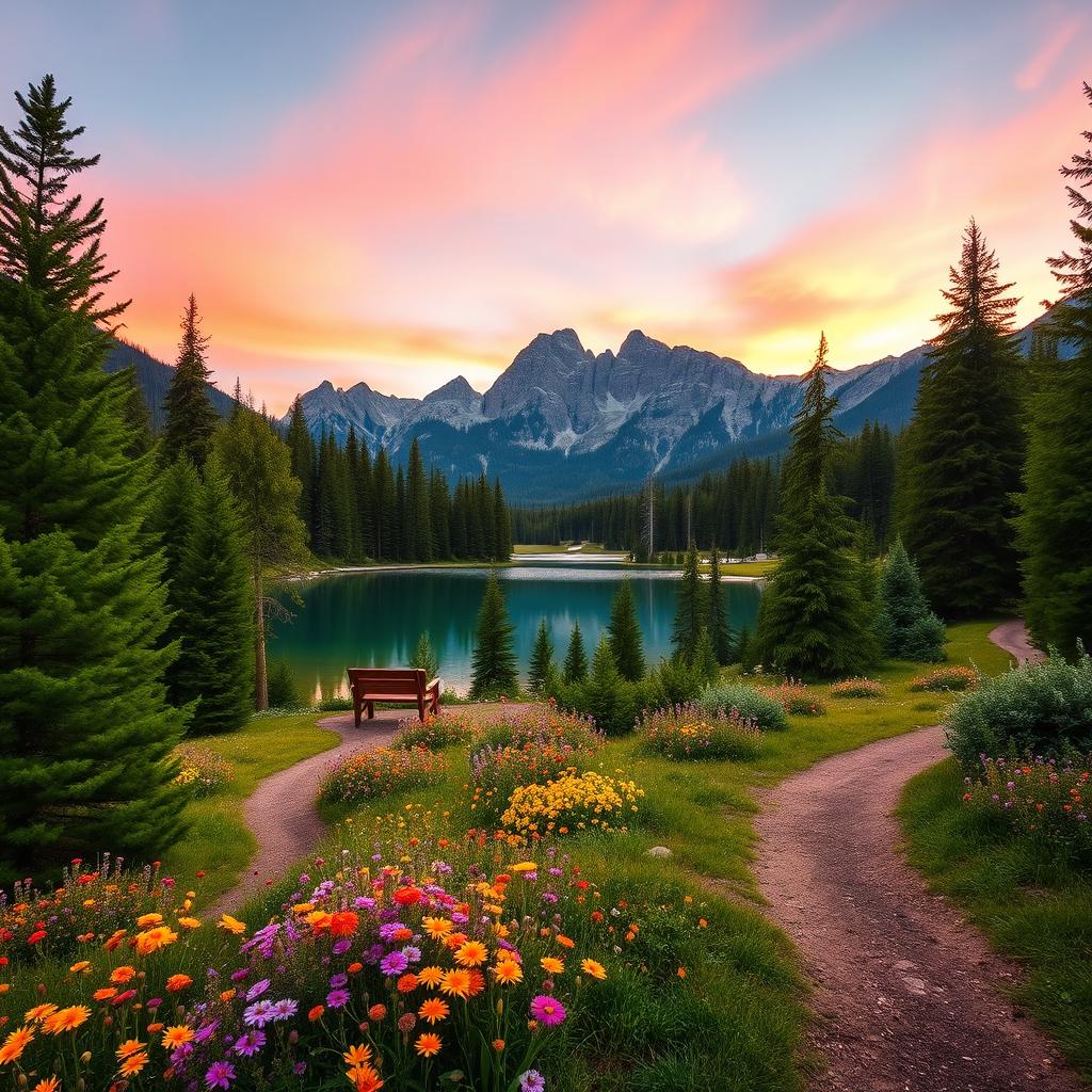 A serene mountain landscape during sunrise, with soft pink and orange hues lighting up the sky