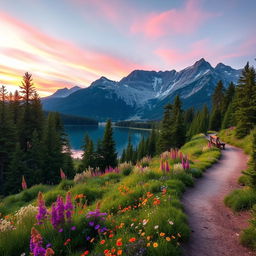 A serene mountain landscape during sunrise, with soft pink and orange hues lighting up the sky