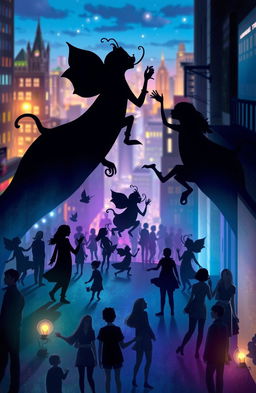 A whimsical and surreal landscape depicting the concept of shadows living between people