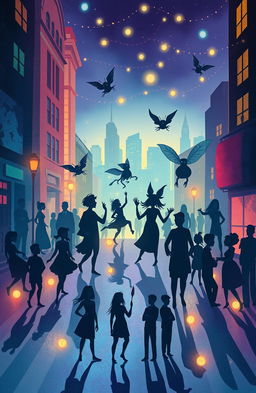 A whimsical and surreal landscape depicting the concept of shadows living between people