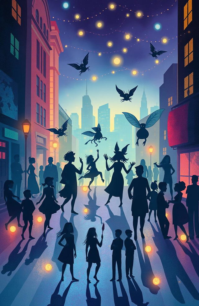 A whimsical and surreal landscape depicting the concept of shadows living between people