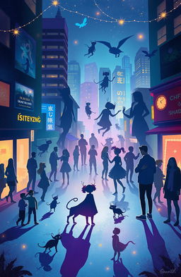 A whimsical and surreal landscape depicting the concept of shadows living between people