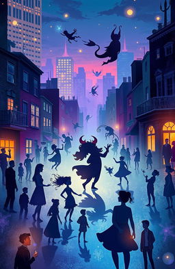 A whimsical and surreal landscape depicting the concept of shadows living between people