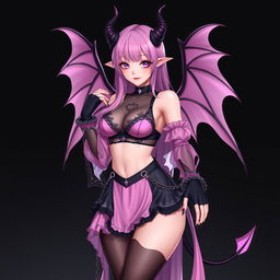 A realistic sexy submissive gothic anime succubus girl, featuring elegant wings, slender thin horns, and a playful tail