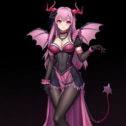 A realistic sexy submissive gothic anime succubus girl, featuring elegant wings, slender thin horns, and a playful tail