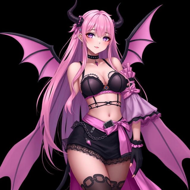 A realistic sexy submissive gothic anime succubus girl, featuring elegant wings, slender thin horns, and a playful tail