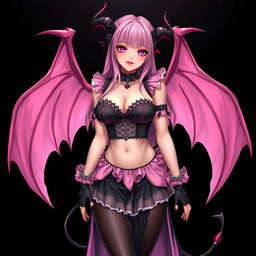 A realistic sexy submissive gothic anime succubus girl, featuring elegant wings, slender thin horns, and a playful tail