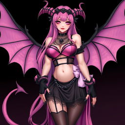 A realistic sexy submissive gothic anime succubus girl, complete with elegant wings, slender thin horns, and a playful tail