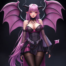 A realistic sexy submissive gothic anime succubus girl, complete with elegant wings, slender thin horns, and a playful tail
