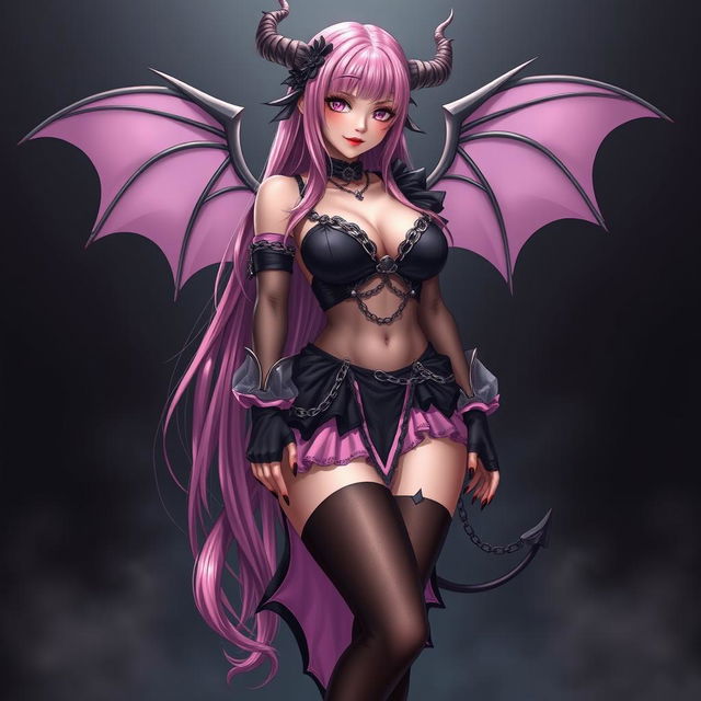 A realistic sexy submissive gothic anime succubus girl, complete with elegant wings, slender thin horns, and a playful tail