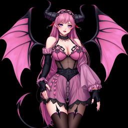 A realistic sexy submissive gothic anime succubus girl, complete with elegant wings, slender thin horns, and a playful tail