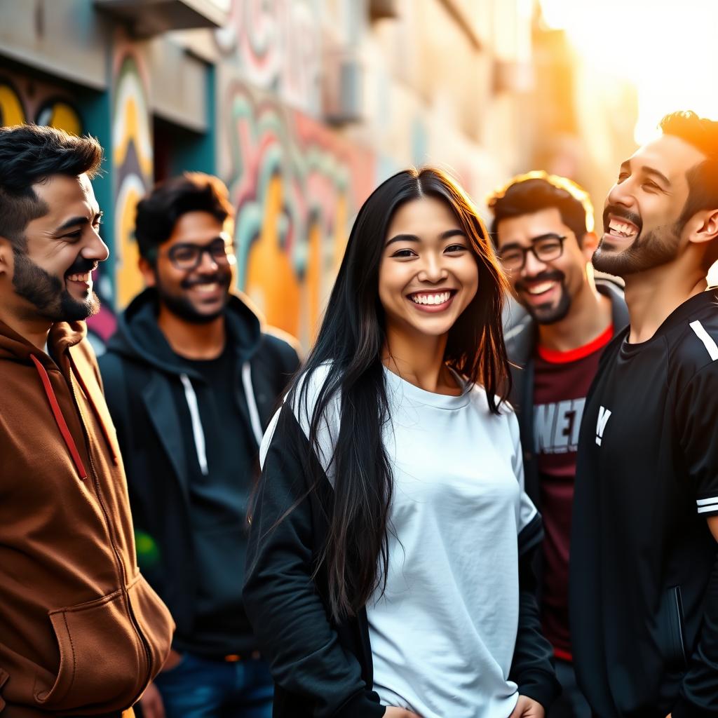 An Asian girl with long black hair and a playful smile, standing confidently in a vibrant urban setting