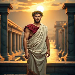 A Roman man, dressed in a traditional toga, standing confidently