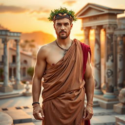 A Roman man, dressed in a traditional toga, standing confidently