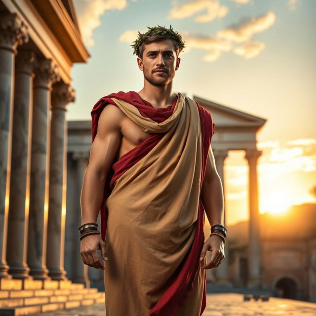 A Roman man, dressed in a traditional toga, standing confidently