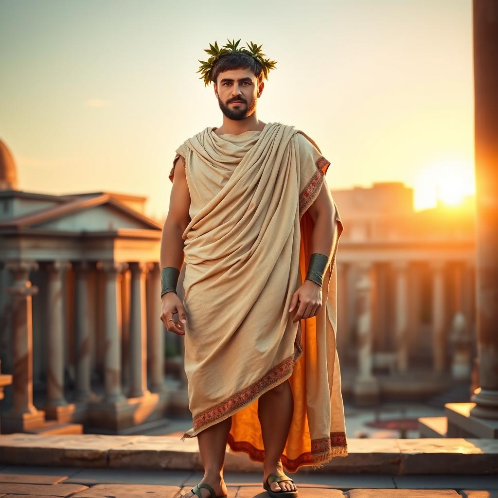 A Roman man, dressed in a traditional toga, standing confidently