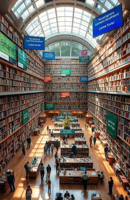 A vast, futuristic library that transcends borders, featuring an architectural blend of various cultural influences