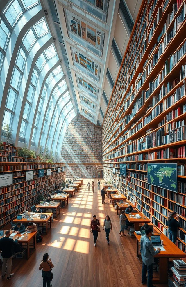 A vast, futuristic library that transcends borders, featuring an architectural blend of various cultural influences