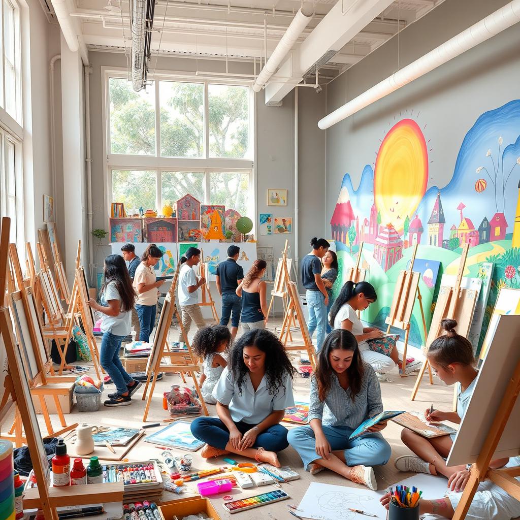 An inspiring art academy filled with creative energy, showcasing students working on various art forms