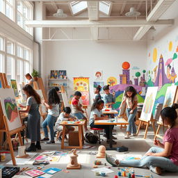 An inspiring art academy filled with creative energy, showcasing students working on various art forms