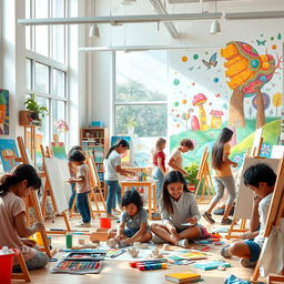 An inspiring art academy filled with creative energy, showcasing students working on various art forms
