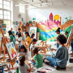 An inspiring art academy filled with creative energy, showcasing students working on various art forms