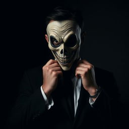 A person dressed in a fitted black suit and crisp white shirt is in the process of putting on a creepy, intricate mask