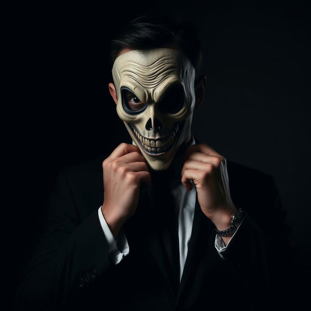 A person dressed in a fitted black suit and crisp white shirt is in the process of putting on a creepy, intricate mask
