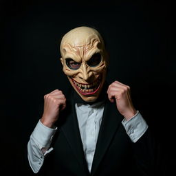 A person dressed in a fitted black suit and crisp white shirt is in the process of putting on a creepy, intricate mask