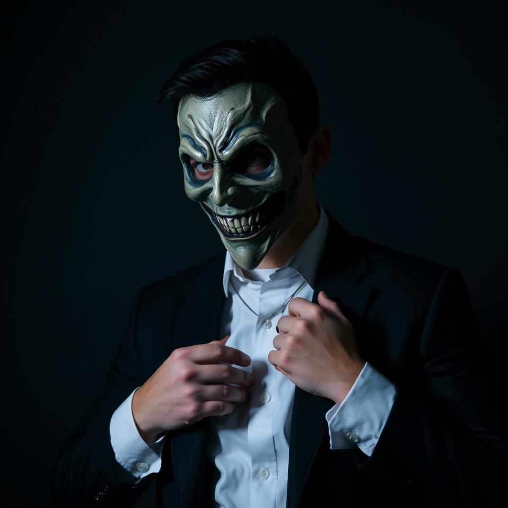 A person dressed in a fitted black suit and crisp white shirt is in the process of putting on a creepy, intricate mask