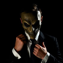 A person dressed in a fitted black suit and crisp white shirt is in the process of putting on a creepy, intricate mask