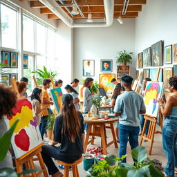 A vibrant and lively art school scene showcasing students of diverse backgrounds engaging in various artistic activities