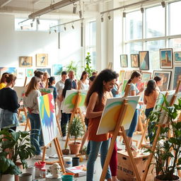A vibrant and lively art school scene showcasing students of diverse backgrounds engaging in various artistic activities