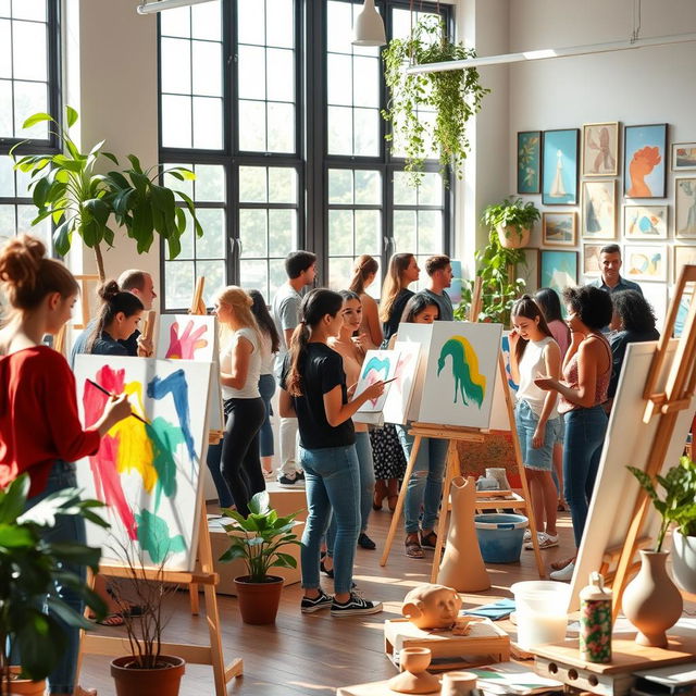 A vibrant and lively art school scene showcasing students of diverse backgrounds engaging in various artistic activities