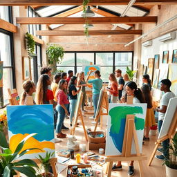 A vibrant and lively art school scene showcasing students of diverse backgrounds engaging in various artistic activities