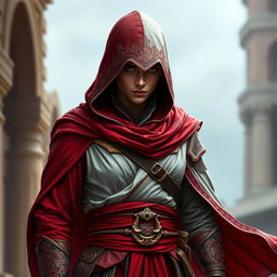 A detailed portrayal of an Assassin's Creed-inspired outfit featuring a striking red and white color scheme, intricately designed with Persian motifs
