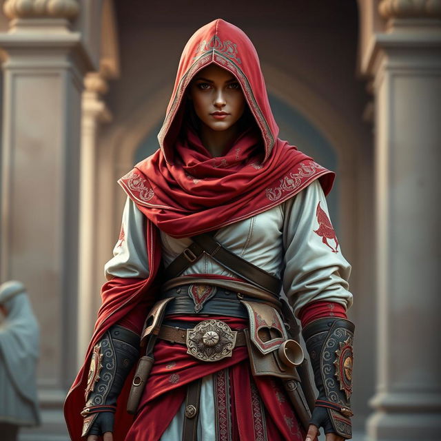 A detailed portrayal of an Assassin's Creed-inspired outfit featuring a striking red and white color scheme, intricately designed with Persian motifs