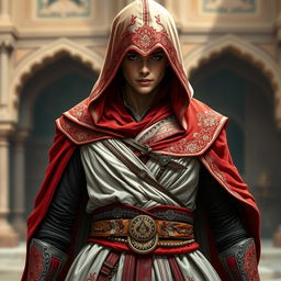 A detailed portrayal of an Assassin's Creed-inspired outfit featuring a striking red and white color scheme, intricately designed with Persian motifs