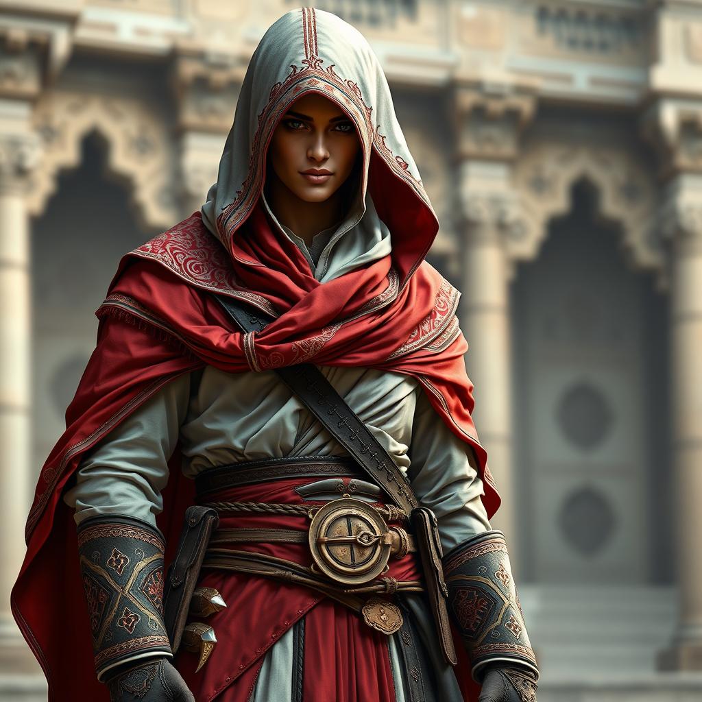 A detailed portrayal of an Assassin's Creed-inspired outfit featuring a striking red and white color scheme, intricately designed with Persian motifs