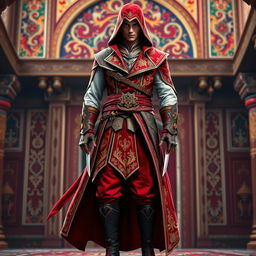 A male character dressed in a complete Assassin's Creed outfit featuring a striking Persian theme, predominantly in shades of red and white