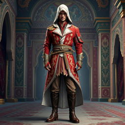 A male character dressed in a complete Assassin's Creed outfit featuring a striking Persian theme, predominantly in shades of red and white
