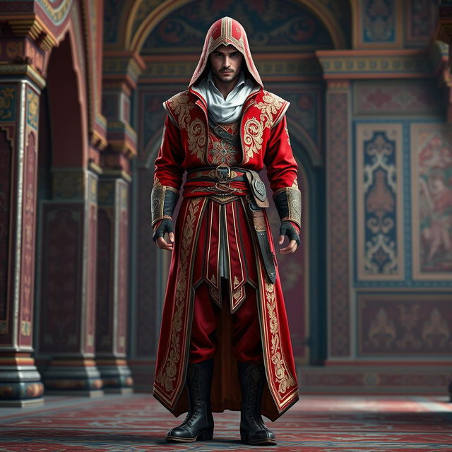 A male character dressed in a complete Assassin's Creed outfit featuring a striking Persian theme, predominantly in shades of red and white