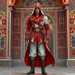 A male character dressed in a complete Assassin's Creed outfit featuring a striking Persian theme, predominantly in shades of red and white